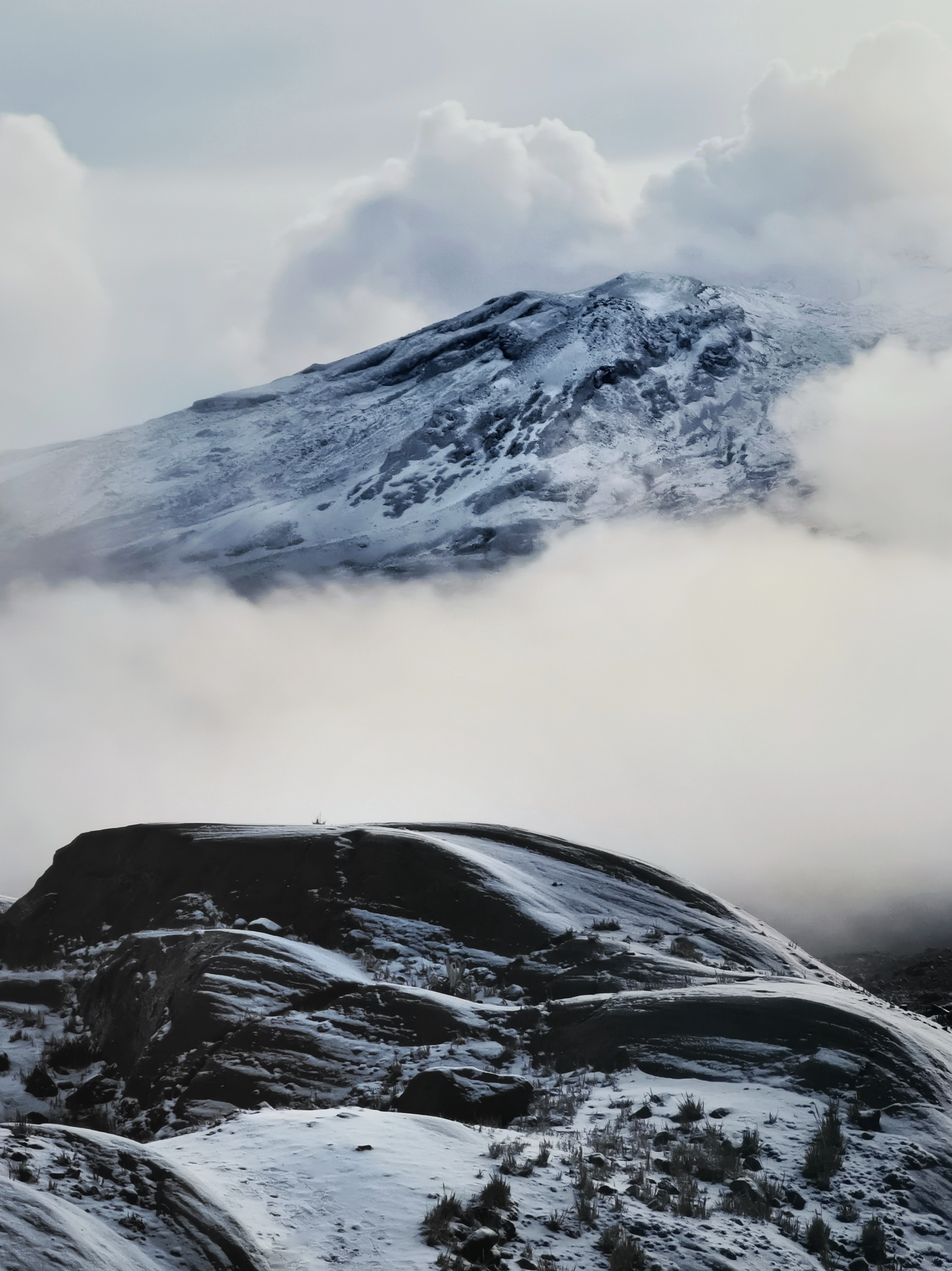 A snow-covered volcano rising above a band of cloud, a dark ridge in front of it